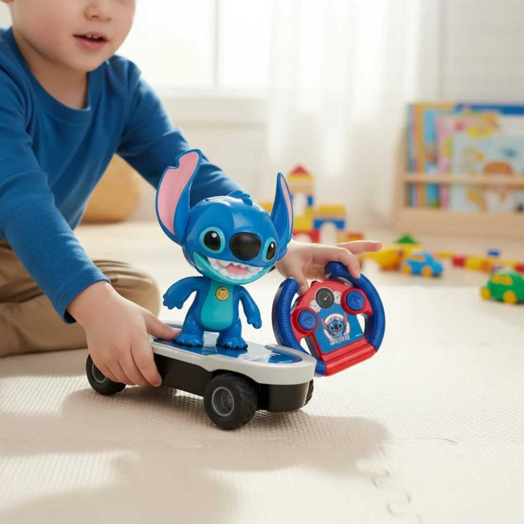 Juguete de Stitch en patineta con control remoto, luz y movimiento. 🛹