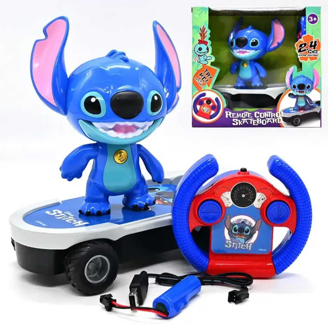 Juguete de Stitch en patineta con control remoto, luz y movimiento. 🛹