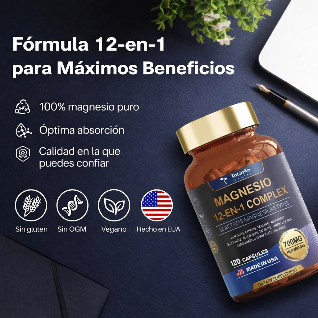 Magnesium 12-in-1 Complex 700mg – Bienestar Total en 120 Cápsulas ⚡